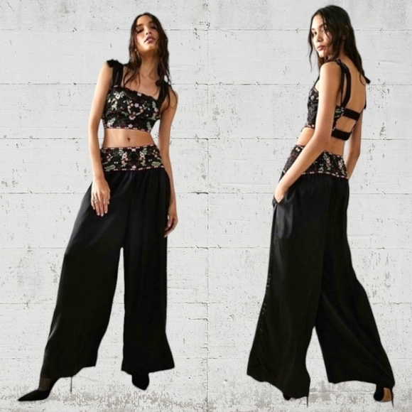 Free People Ensemble Petra Black Satin Pant Crop Top Set Embroidered Size 8 - Picture 6 of 13